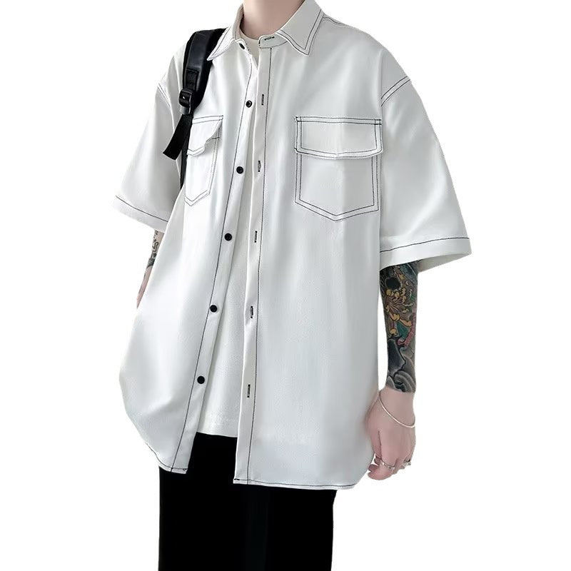 [WHOLESALE ONLY - CONTACT TO ORDER] Men's Oversized Heavyweight 100% Cotton Short Sleeve Utility Workwear Shirt with Dual Flap Pockets and Contrast Stitching (White) [AW-442]
