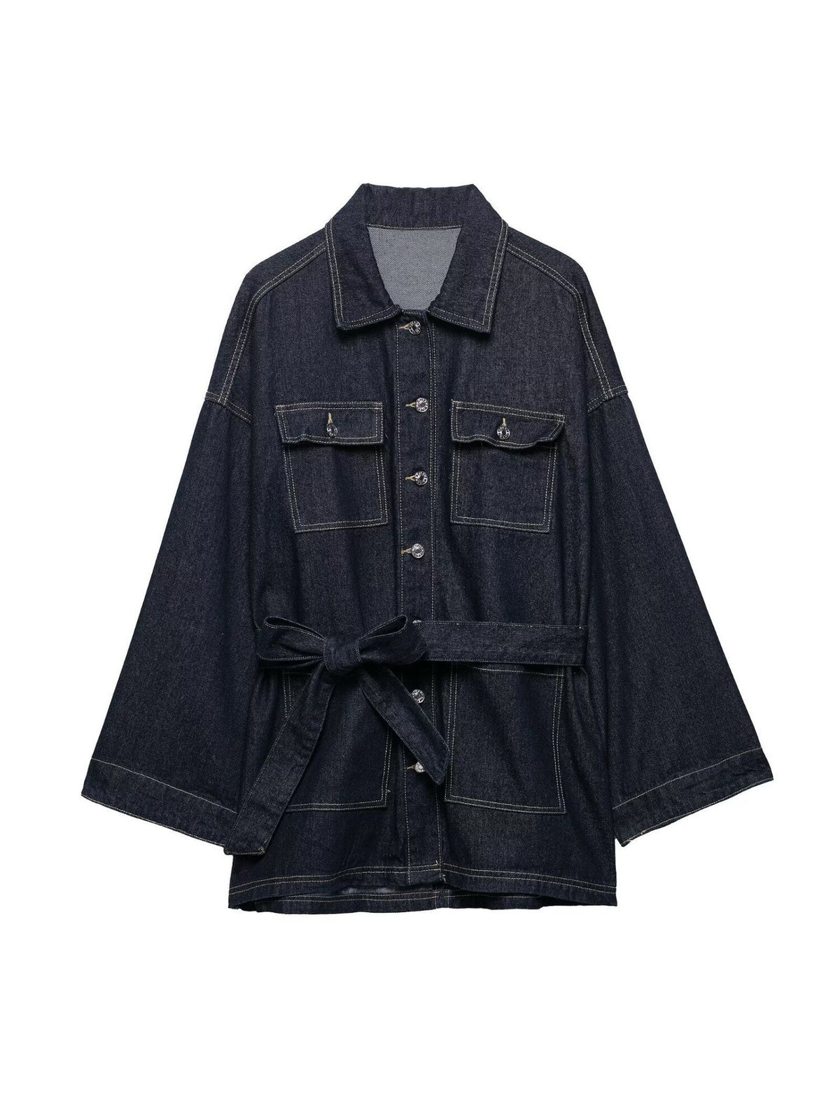[WHOLESALE ONLY - CONTACT TO ORDER] Women's Heavyweight 100% Cotton Belted Denim Safari Utility Jacket with Wide Sleeves (Raw Indigo) [AW-459]