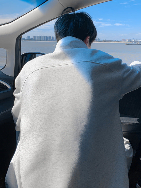 [WHOLESALE ONLY - CONTACT TO ORDER] Unisex Heavyweight 70% Cotton Stand Collar Zip Track Sweatshirt Jacket with Double Shoulder Stripes (Heather Light Grey) [AW-378]