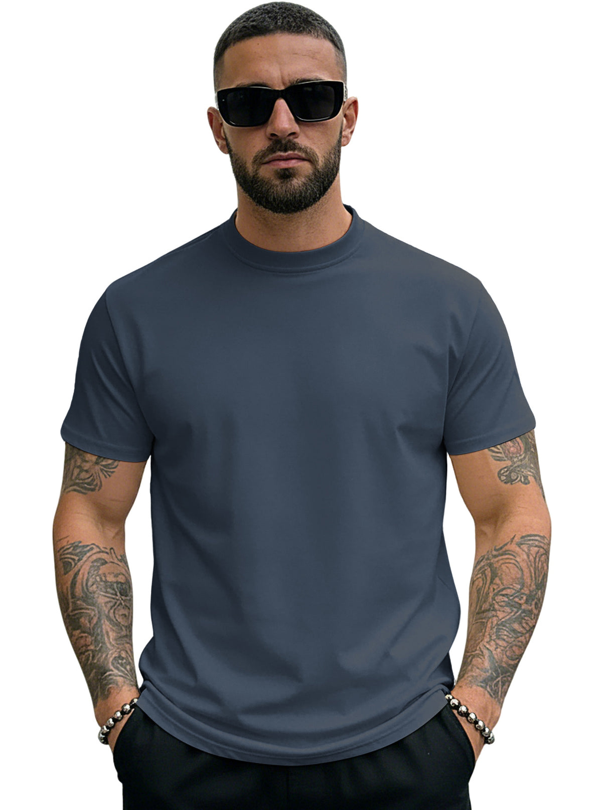 [WHOLESALE ONLY - CONTACT TO ORDER] Men's Heavyweight Cotton Spandex Mock Neck Muscle Fit Blank Short Sleeve T-Shirt [AW-128]