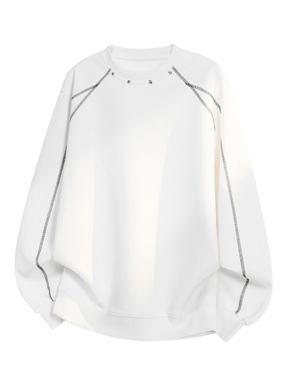 [WHOLESALE ONLY - CONTACT TO ORDER] Unisex Heavyweight 70% Cotton Contrast Topstitch Studded Waffle-Knit Crewneck Sweatshirt (Optic White) [AW-380]