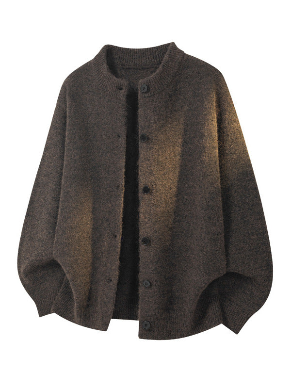 [WHOLESALE ONLY - CONTACT TO ORDER] Men's Korean Clean Fit Brushed Mohair-Touch Collarless Button-Up Cardigan Sweater (Deep Mocha Brown) [AW-333]