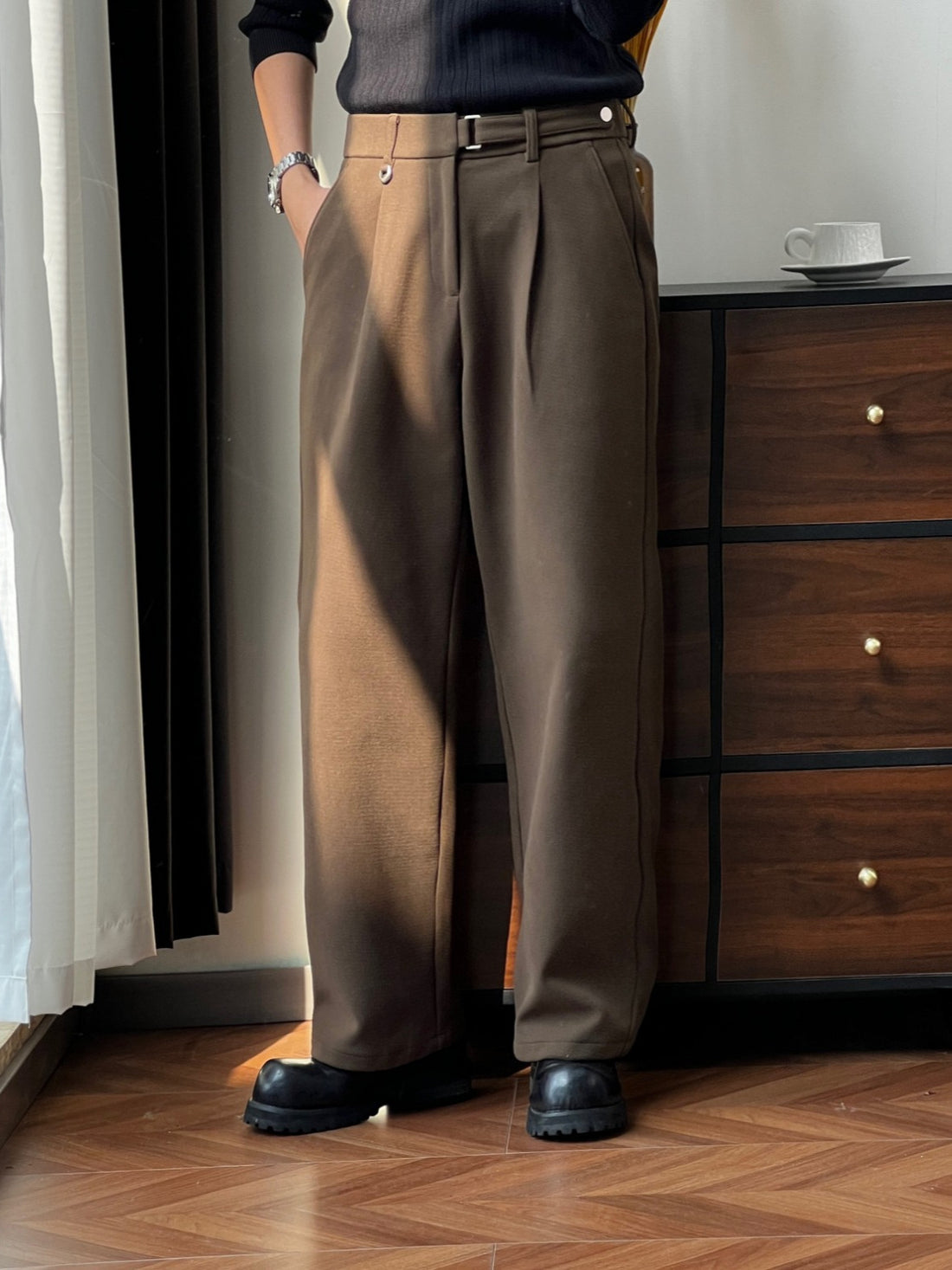 [WHOLESALE ONLY - CONTACT TO ORDER] Unisex Heavyweight 70% Cotton Buckle-Tab High-Waist Pleated Wide-Leg Drape Trousers (Coffee Brown) [AW-368]