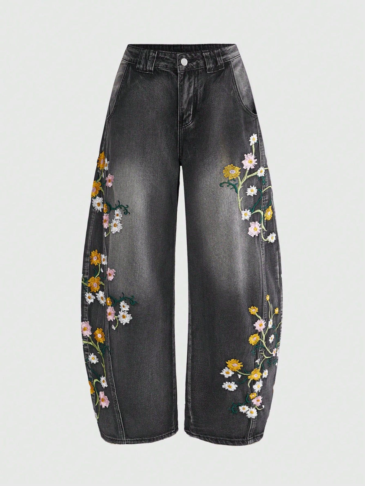 [WHOLESALE ONLY - CONTACT TO ORDER] Women's Floral Embroidered Barrel Horseshoe Jeans (Washed Black/Grey) - Catalog Display Only (Do Not Order Directly)