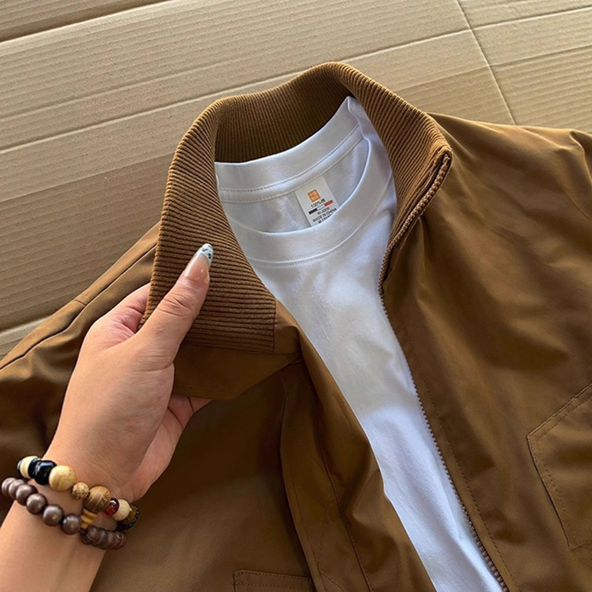 [WHOLESALE ONLY - CONTACT TO ORDER] Unisex Relaxed Fit Heavyweight 100% Cotton Twill Rib-Collar Zip-Up Harrington Jacket (Caramel Brown) [AW-282]