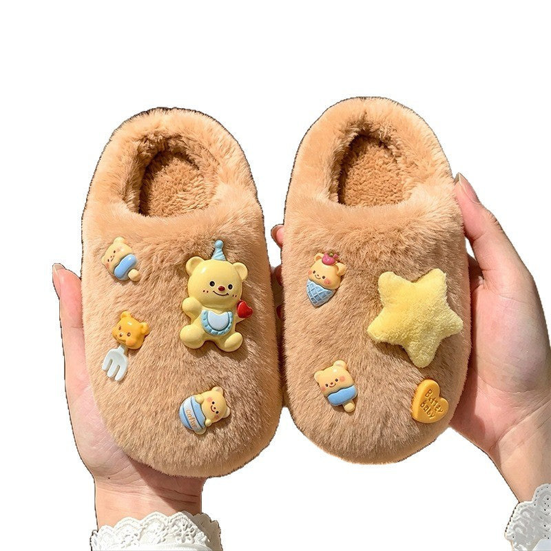 [WHOLESALE ONLY - CONTACT TO ORDER] Women's Cute 3D Butter Bear & Star Plush Faux Fur Platform Slippers (Milk Tea Brown) [FM-136]