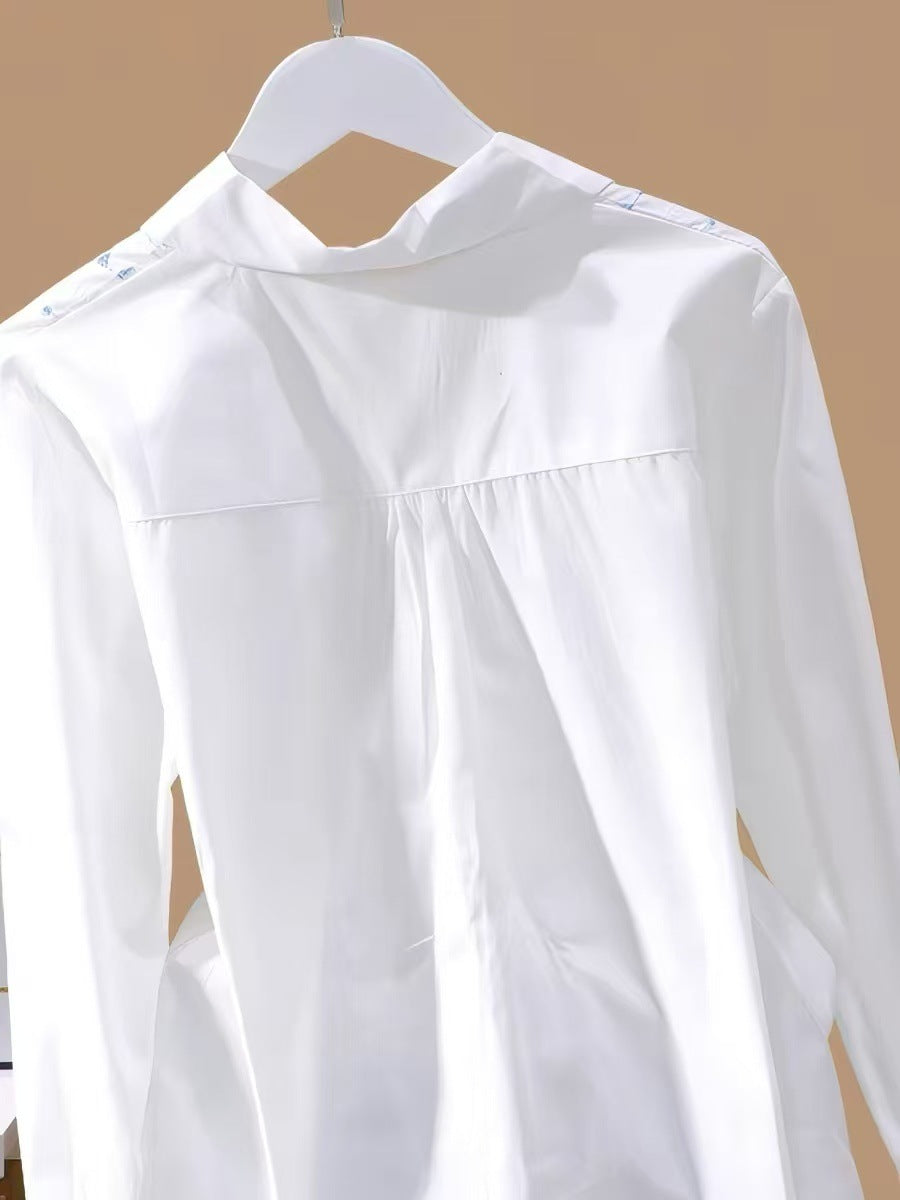 [WHOLESALE ONLY - CONTACT TO ORDER] Women's 75% Combed Cotton Embroidered Peter Pan Collar Long Sleeve Poplin Blouse Shirt (Optic White & Blue) [AW-411]