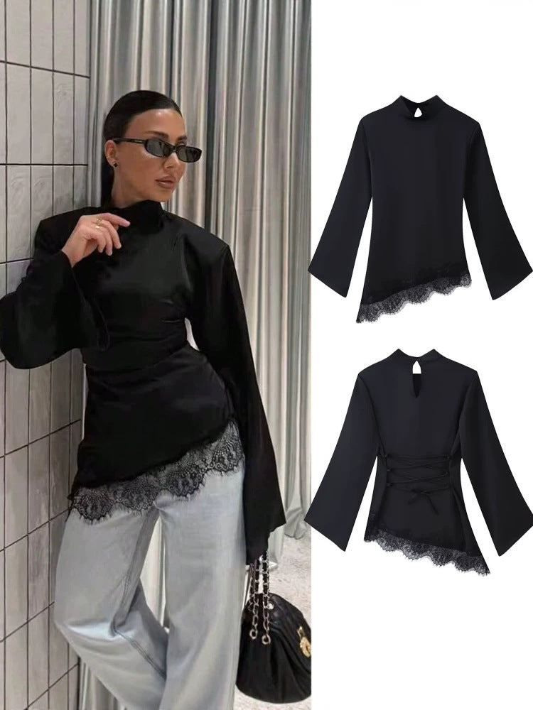 [WHOLESALE ONLY - CONTACT TO ORDER] Women's Cotton Blend Mock Neck Asymmetrical Eyelash Lace Trim Blouse with Flared Bell Sleeves (Noir Black) [AW-471]