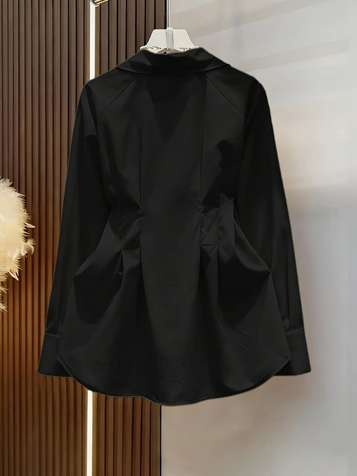 [WHOLESALE ONLY - CONTACT TO ORDER] Women's Heavyweight 75% Cotton Sculptural Big Silver Button Ruched Waist Long Sleeve Blouse (Midnight Black) [AW-355]