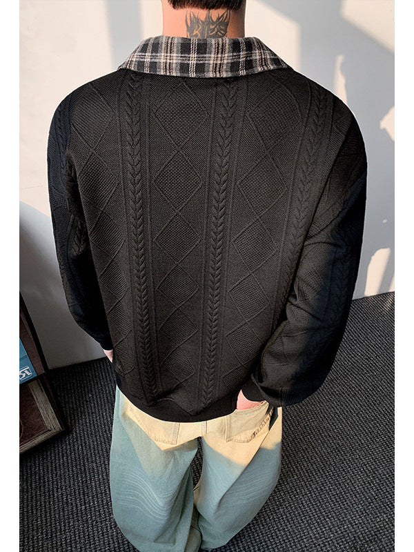 [WHOLESALE ONLY - CONTACT TO ORDER] Men's Heavyweight 75% Cotton Cable Jacquard Textured Plaid Collar Polo Sweatshirt (Washed Solid Black) [AW-425]