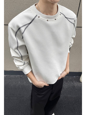 [WHOLESALE ONLY - CONTACT TO ORDER] Unisex Heavyweight 70% Cotton Contrast Topstitch Studded Waffle-Knit Crewneck Sweatshirt (Optic White) [AW-380]