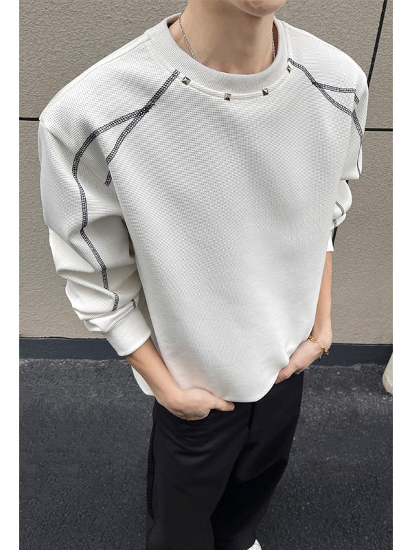 [WHOLESALE ONLY - CONTACT TO ORDER] Unisex Heavyweight 70% Cotton Contrast Topstitch Studded Waffle-Knit Crewneck Sweatshirt (Optic White) [AW-380]