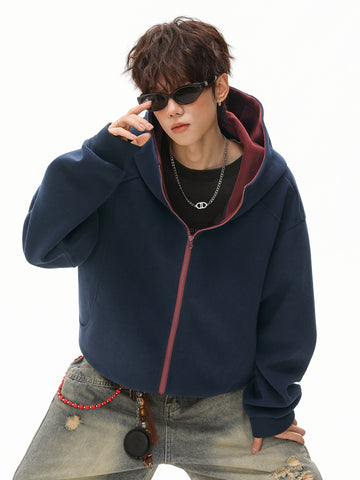 [WHOLESALE ONLY - CONTACT TO ORDER] Unisex Heavyweight 70% Cotton Contrast Hood Lining Full-Zip Fleece Sweatshirt Jacket (Dark Navy / Burgundy) [AW-383]