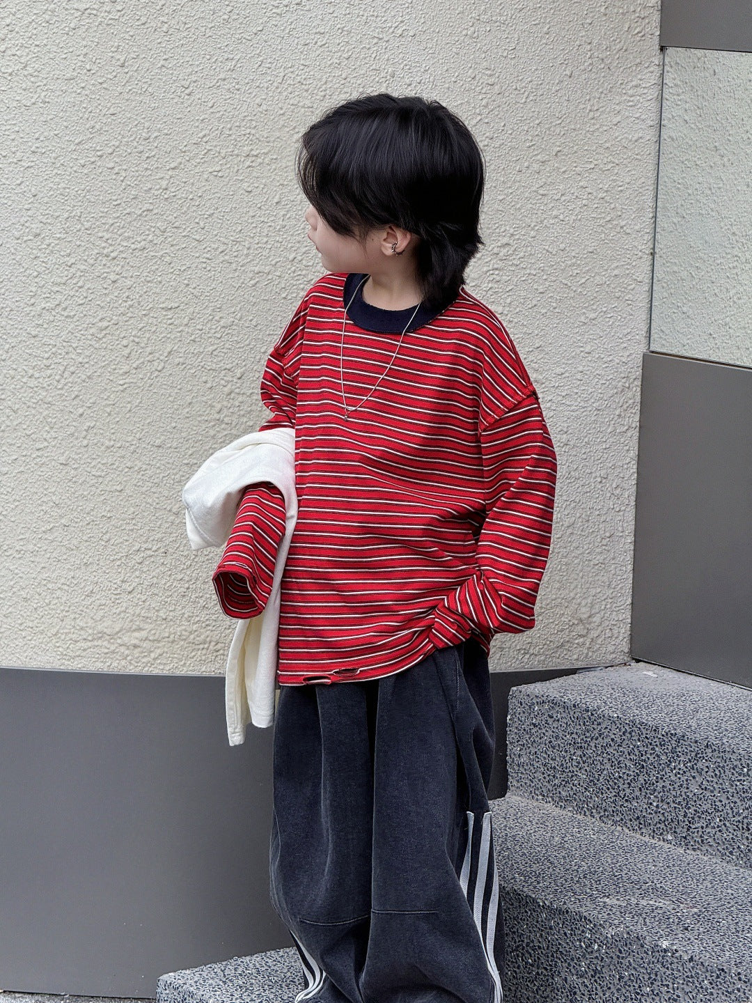 [WHOLESALE ONLY - CONTACT TO ORDER] Kids Unisex Oversized 100% Combed Cotton Heavyweight Striped Long Sleeve T-Shirt with Distressed Hem (Red & Navy Stripe) [KW-219]