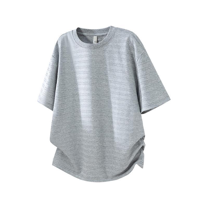 [WHOLESALE ONLY - CONTACT TO ORDER] Men's Heavyweight 100% Textured Cotton Oversized Drop-Shoulder T-Shirt with Mini Ribbed Jacquard (Heather Grey) [AW-466]