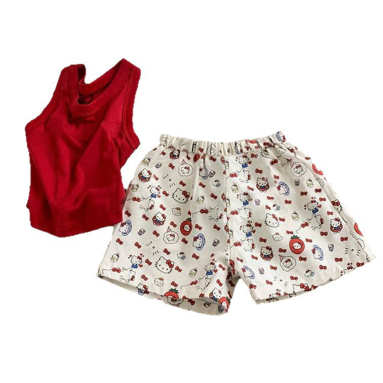 [WHOLESALE ONLY - CONTACT TO ORDER] Toddler & Girls Combed Cotton Ribbed Tank Top & Cartoon Kitty Print Shorts 2-Piece Set (Crimson Red/Cream) [KW-274]