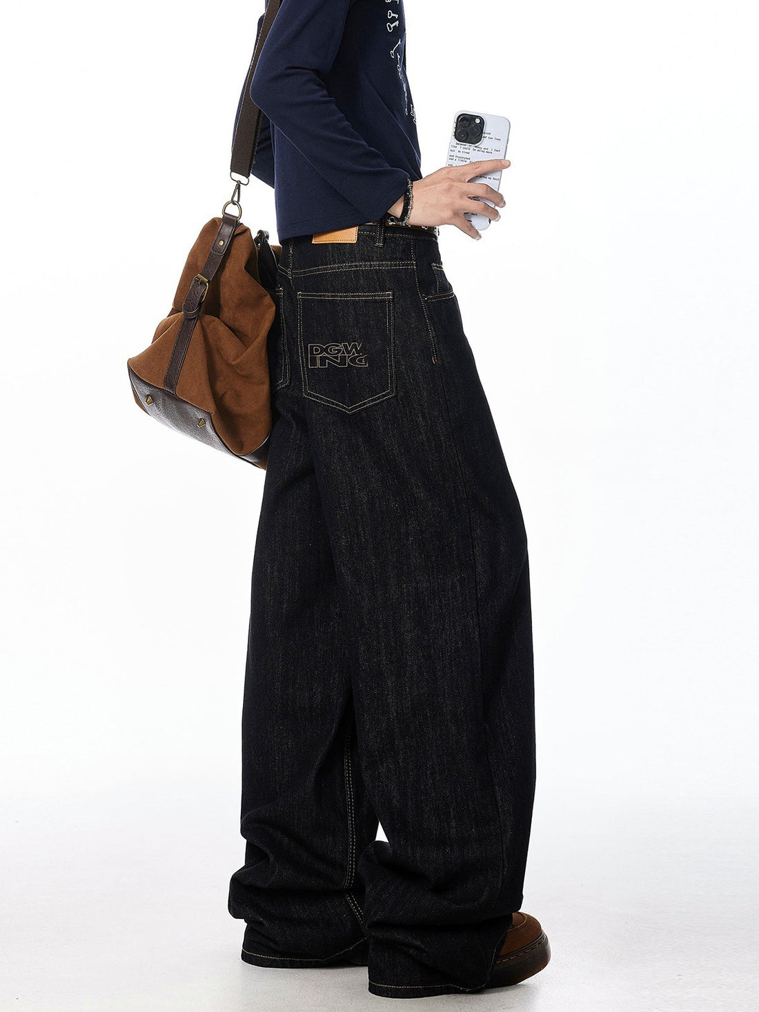 [WHOLESALE ONLY - CONTACT TO ORDER] Men's Heavyweight 100% Cotton Loose Fit Raw Indigo Wide-Leg Skater Jeans with Back Pocket Embroidery (Charcoal Black) [AW-485]