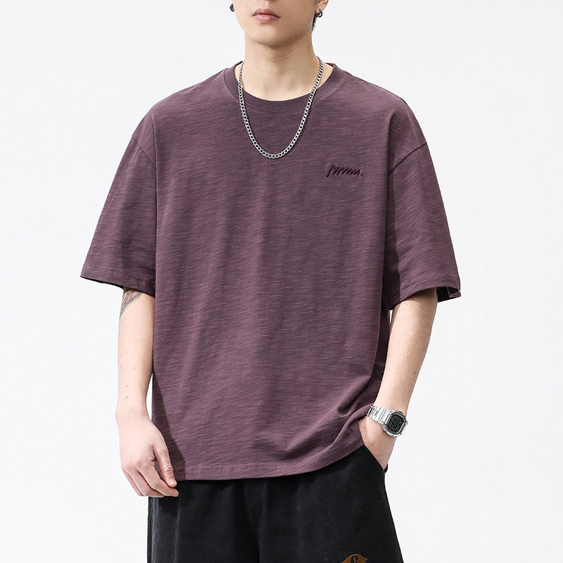 [WHOLESALE ONLY - CONTACT TO ORDER] Men's Heavyweight 100% Slub Cotton Oversized Drop-Shoulder T-Shirt with Embroidered Logo (Vintage Plum) [AW-460]