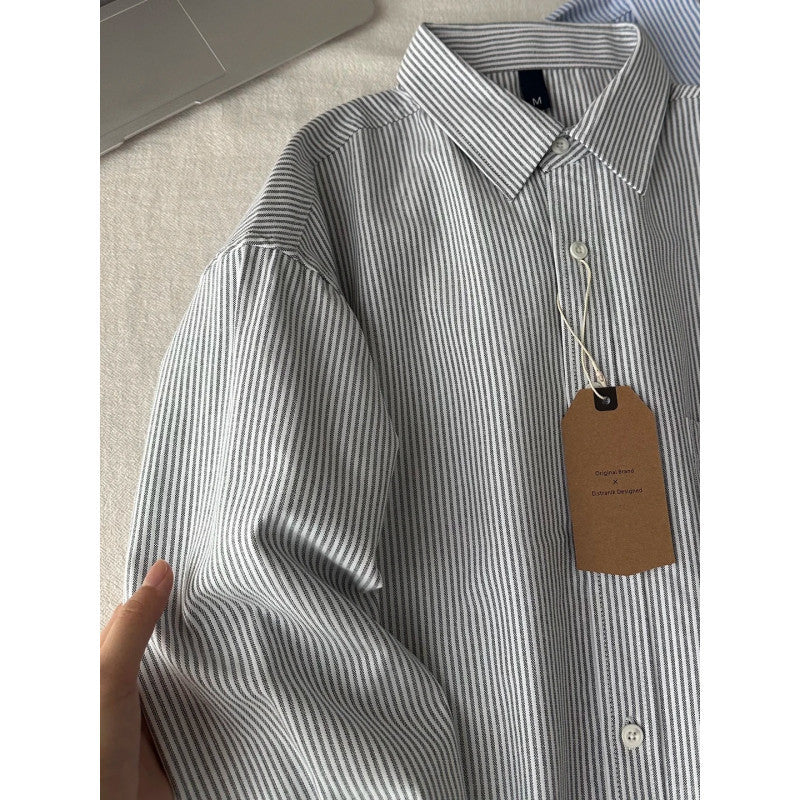 [WHOLESALE ONLY - CONTACT TO ORDER] Unisex Relaxed Fit 100% Combed Cotton Striped Long Sleeve Button-Down Oxford Shirt with Chest Pocket (Grey & White) [AW-273]