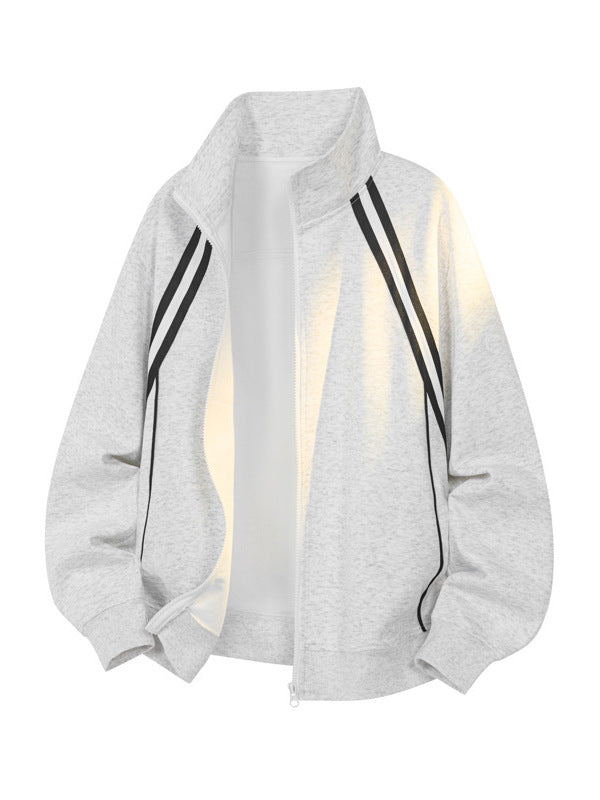 [WHOLESALE ONLY - CONTACT TO ORDER] Unisex Heavyweight 70% Cotton Stand Collar Zip Track Sweatshirt Jacket with Double Shoulder Stripes (Heather Light Grey) [AW-378]