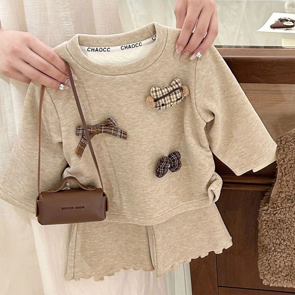 [WHOLESALE ONLY - CONTACT TO ORDER] Toddler & Girls Combed Cotton Plaid Bow & Bear Appliqué Top & Flare Pants 2-Piece Set (Oatmeal Beige) [KW-264]