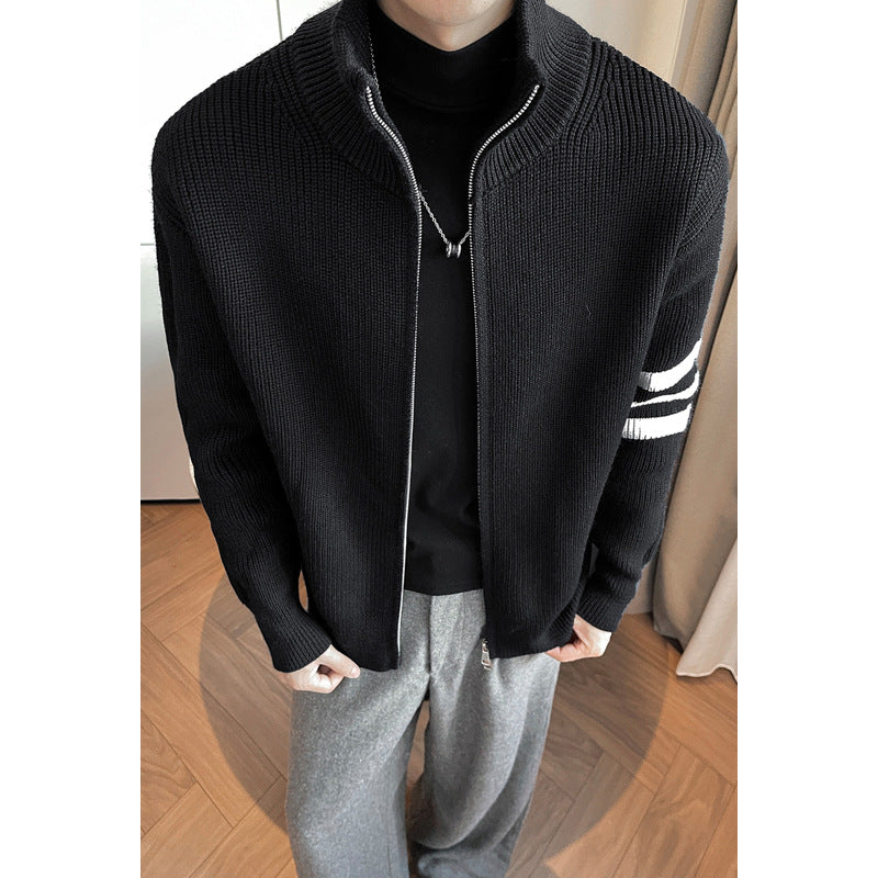 [WHOLESALE ONLY - CONTACT TO ORDER] Unisex Heavyweight 65% Cotton Ribbed Stand Collar Two-Way Zip Knit Cardigan with Sleeve Stripes (Black / White) [AW-376]