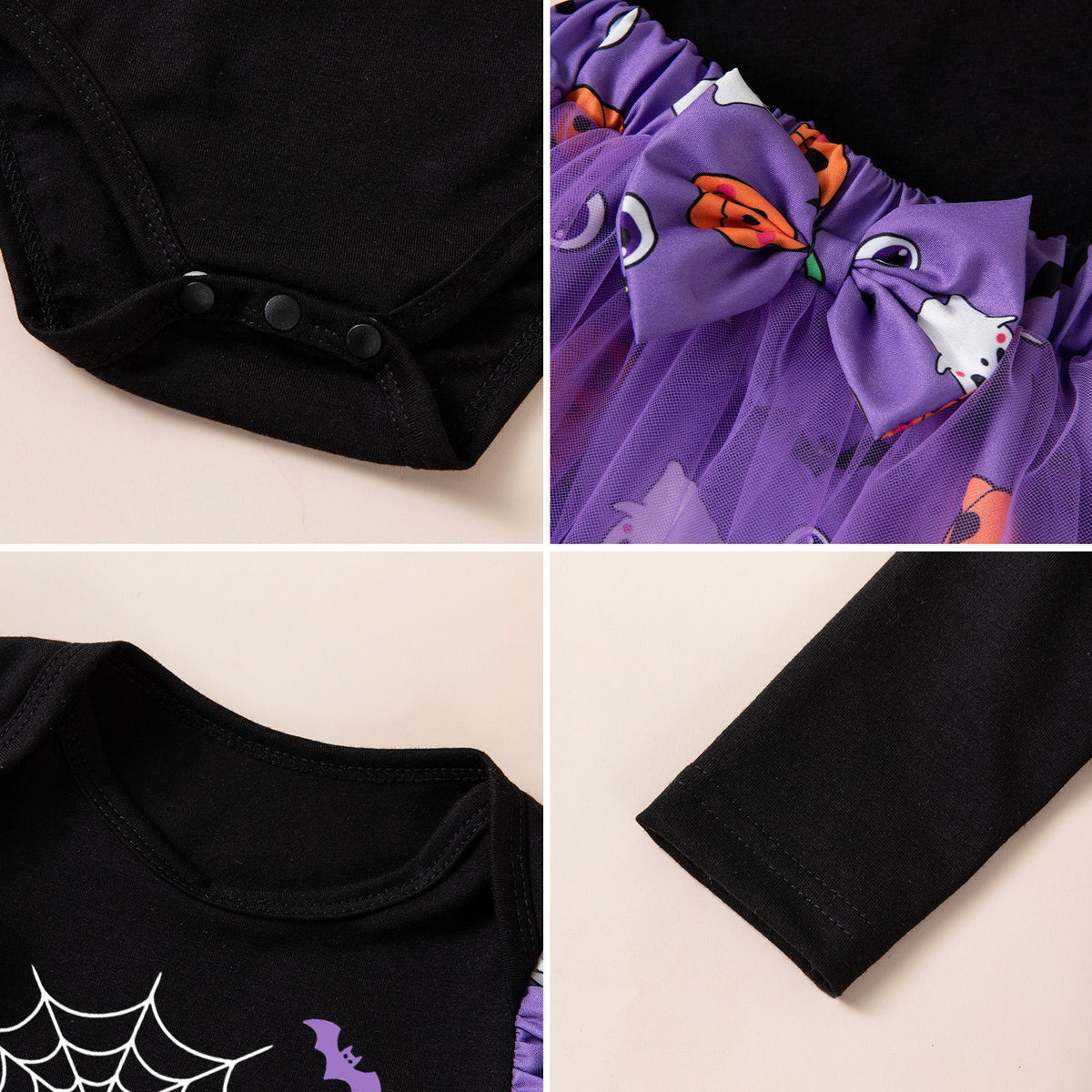 [WHOLESALE ONLY - CONTACT TO ORDER] Baby Girls 95% Combed Cotton Ruffle Long Sleeve "My 1st Halloween" Bodysuit & Purple Tulle Tutu Skirt 3-Piece Set with Headband (Black & Purple) [KW-229]