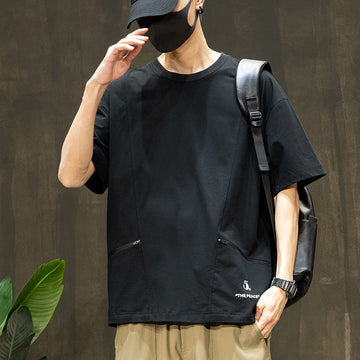 [WHOLESALE ONLY - CONTACT TO ORDER] Men's Techwear Gorpcore Quick-Dry Drop-Shoulder T-Shirt with Dual Zipper Pockets (Obsidian Jet Black) [AW-326]