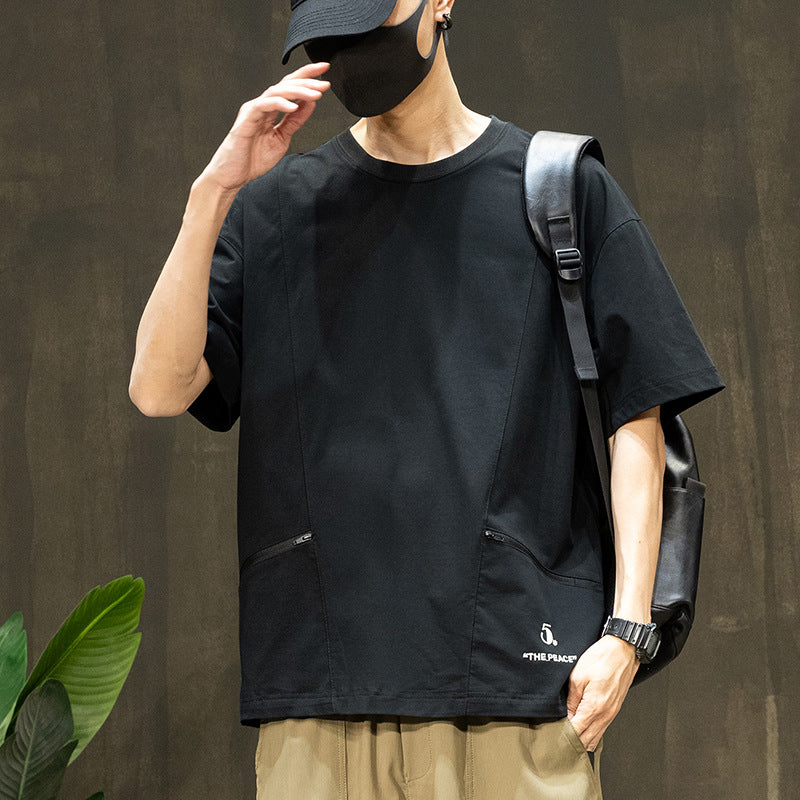 [WHOLESALE ONLY - CONTACT TO ORDER] Men's Techwear Gorpcore Quick-Dry Drop-Shoulder T-Shirt with Dual Zipper Pockets (Obsidian Jet Black) [AW-326]