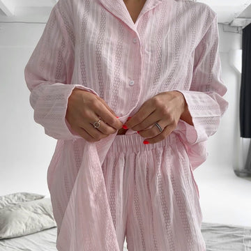 [WHOLESALE ONLY - CONTACT TO ORDER] Women's Cotton Blend 2-Piece Pointelle Striped Button-Down Shirt & Shorts Pajama Set (Blush Pink) [AW-534]