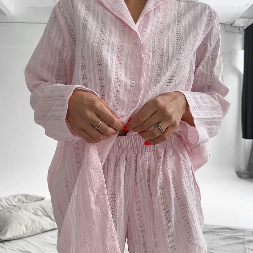 [WHOLESALE ONLY - CONTACT TO ORDER] Women's Cotton Blend 2-Piece Pointelle Striped Button-Down Shirt & Shorts Pajama Set (Blush Pink) [AW-534]