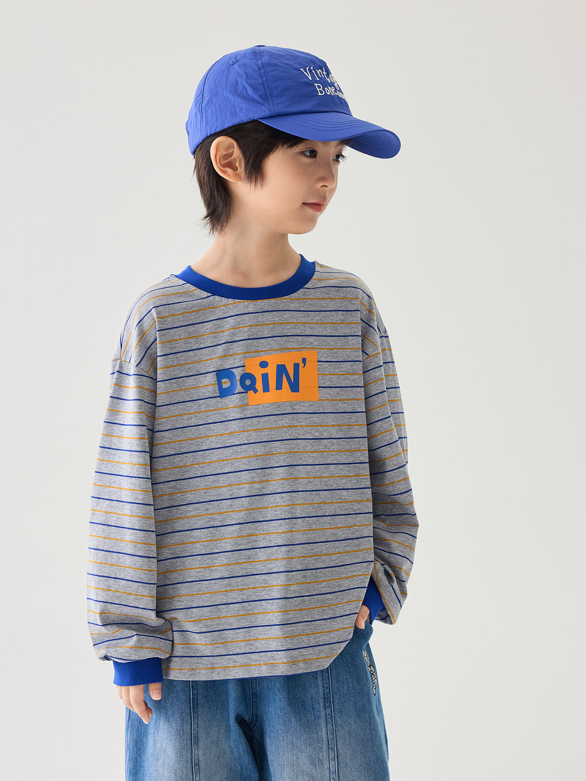 [WHOLESALE ONLY - CONTACT TO ORDER] Kids Unisex Retro Drop-Shoulder 100% Combed Cotton Striped Long Sleeve T-Shirt with Graphic Prints (Heather Grey / Cobalt Blue) [KW-197]