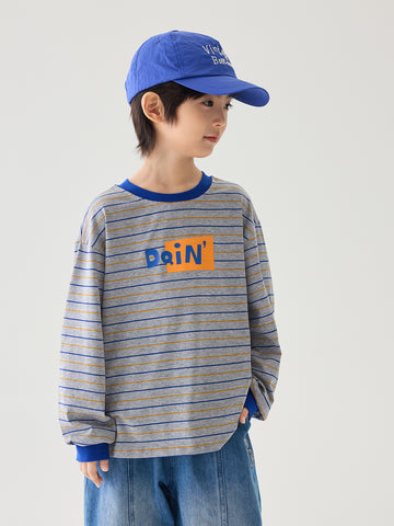 [WHOLESALE ONLY - CONTACT TO ORDER] Kids Unisex Retro Drop-Shoulder 100% Combed Cotton Striped Long Sleeve T-Shirt with Graphic Prints (Heather Grey / Cobalt Blue) [KW-197]