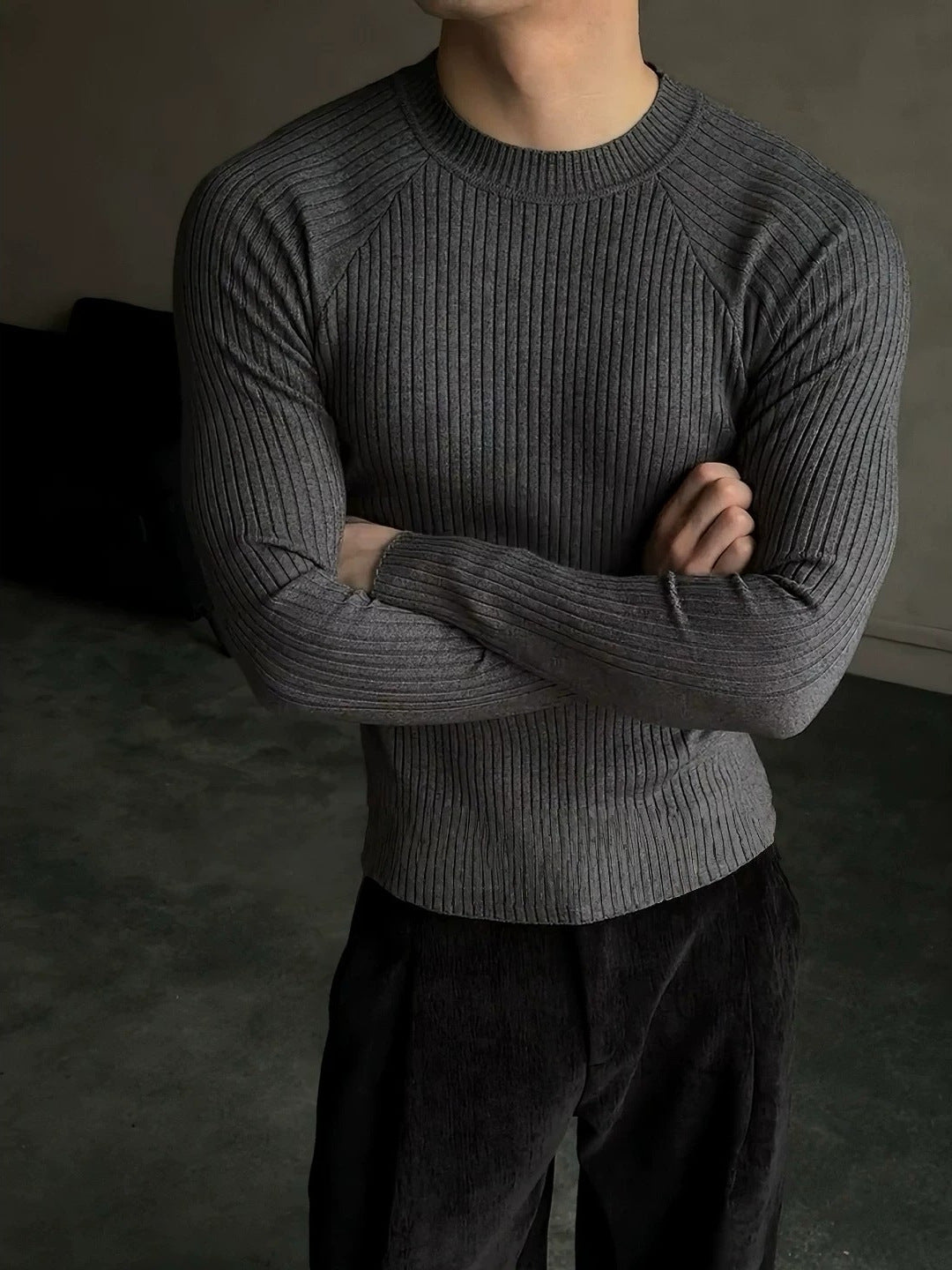 [WHOLESALE ONLY - CONTACT TO ORDER] Men's Muscle Slim Fit High-Stretch Cotton Blend Ribbed Raglan Long Sleeve Knit Sweater (Charcoal Heather Grey) [AW-293]