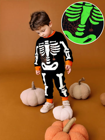 [WHOLESALE ONLY - CONTACT TO ORDER] Kids Unisex Glow-in-the-Dark Skeleton Halloween Cotton Long Sleeve Pajama Set (Black/Orange) [KW-231]