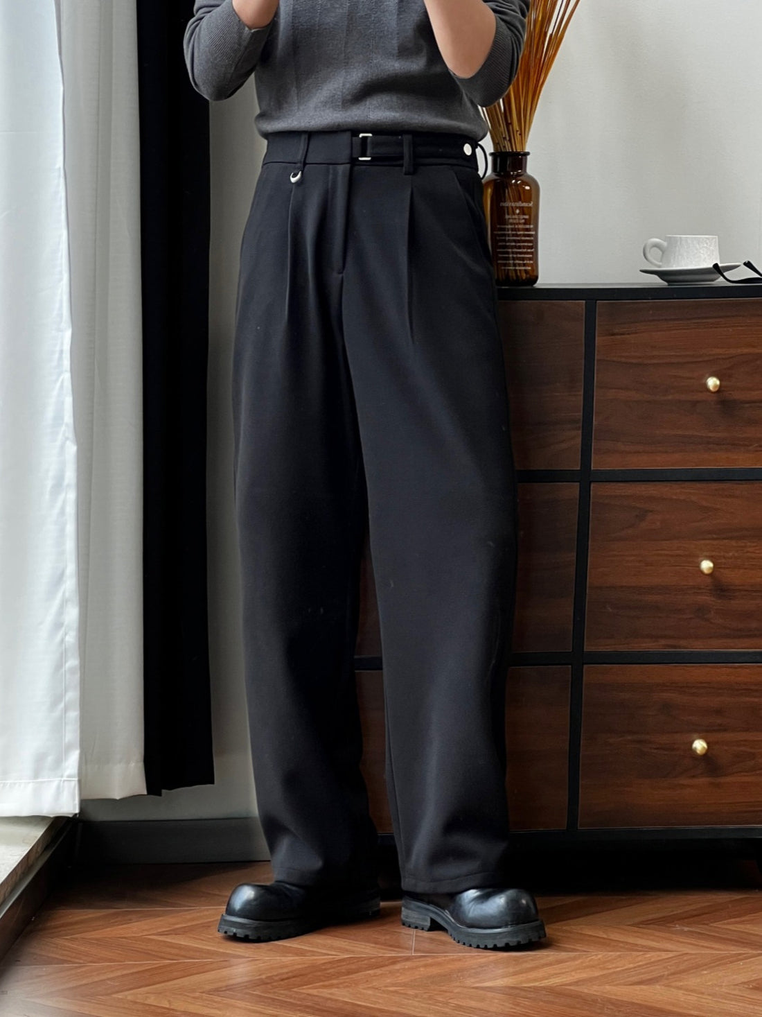 [WHOLESALE ONLY - CONTACT TO ORDER] Unisex Heavyweight 70% Cotton Buckle-Tab High-Waist Pleated Wide-Leg Drape Trousers (Midnight Black) [AW-369]