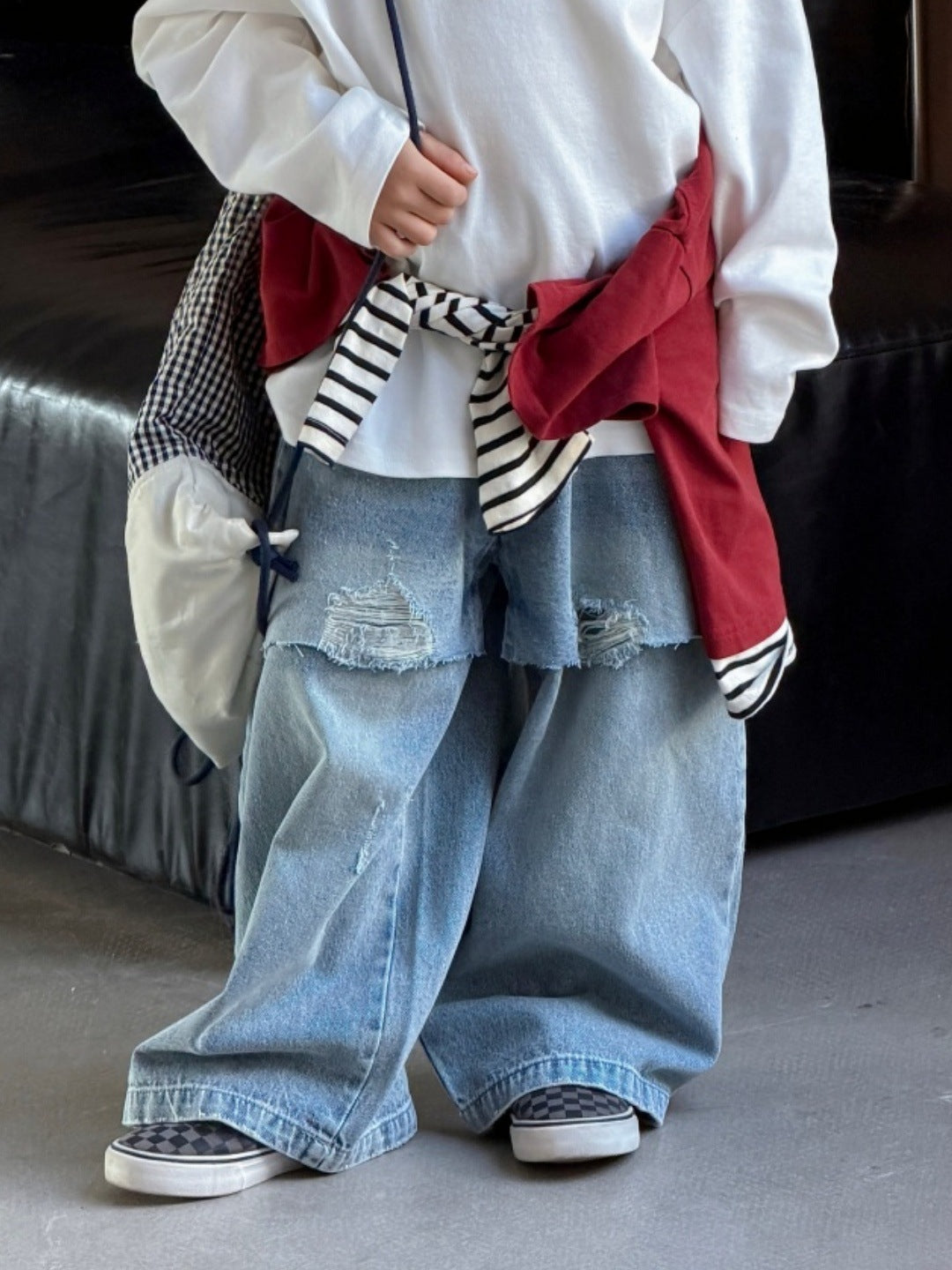 [WHOLESALE ONLY - CONTACT TO ORDER] Unisex Kids Heavyweight 85% Cotton Layered Flap Distressed Baggy Denim Jeans (Light Blue) [KW-210]