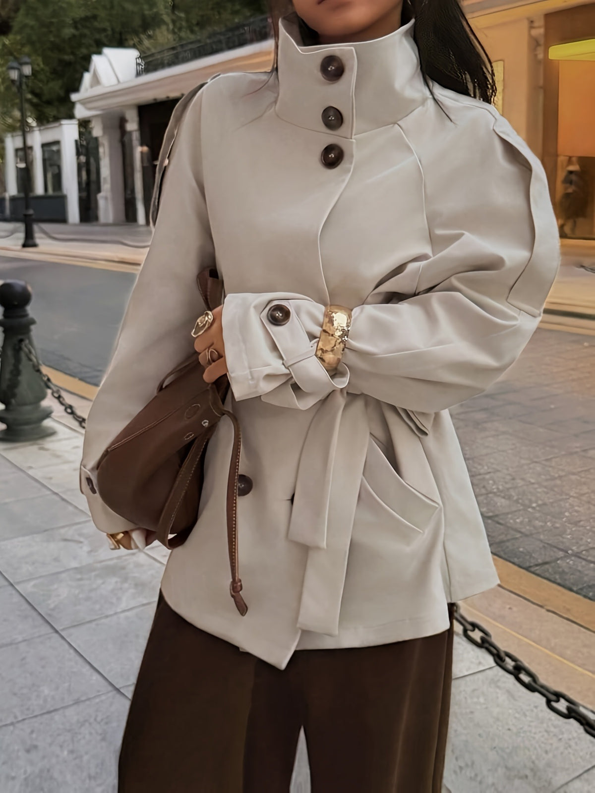 [WHOLESALE ONLY - CONTACT TO ORDER] Women's Korean Chic High Stand Collar Double-Breasted Belted Short Trench Coat Jacket (Oatmeal Beige) [AW-317]