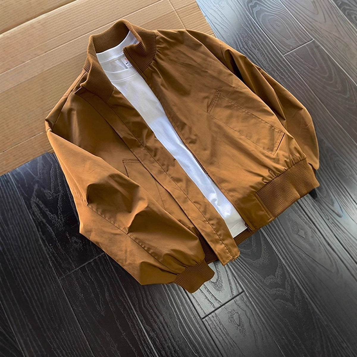 [WHOLESALE ONLY - CONTACT TO ORDER] Unisex Relaxed Fit Heavyweight 100% Cotton Twill Rib-Collar Zip-Up Harrington Jacket (Caramel Brown) [AW-282]