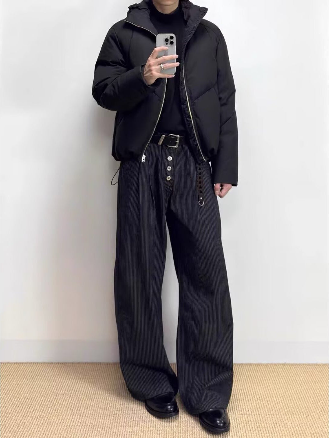 [WHOLESALE ONLY - CONTACT TO ORDER] Unisex Heavyweight 70% Cotton Multi-Button High-Waist Pleated Wide-Leg Pinstripe Trousers (Charcoal Pinstripe) [AW-367]