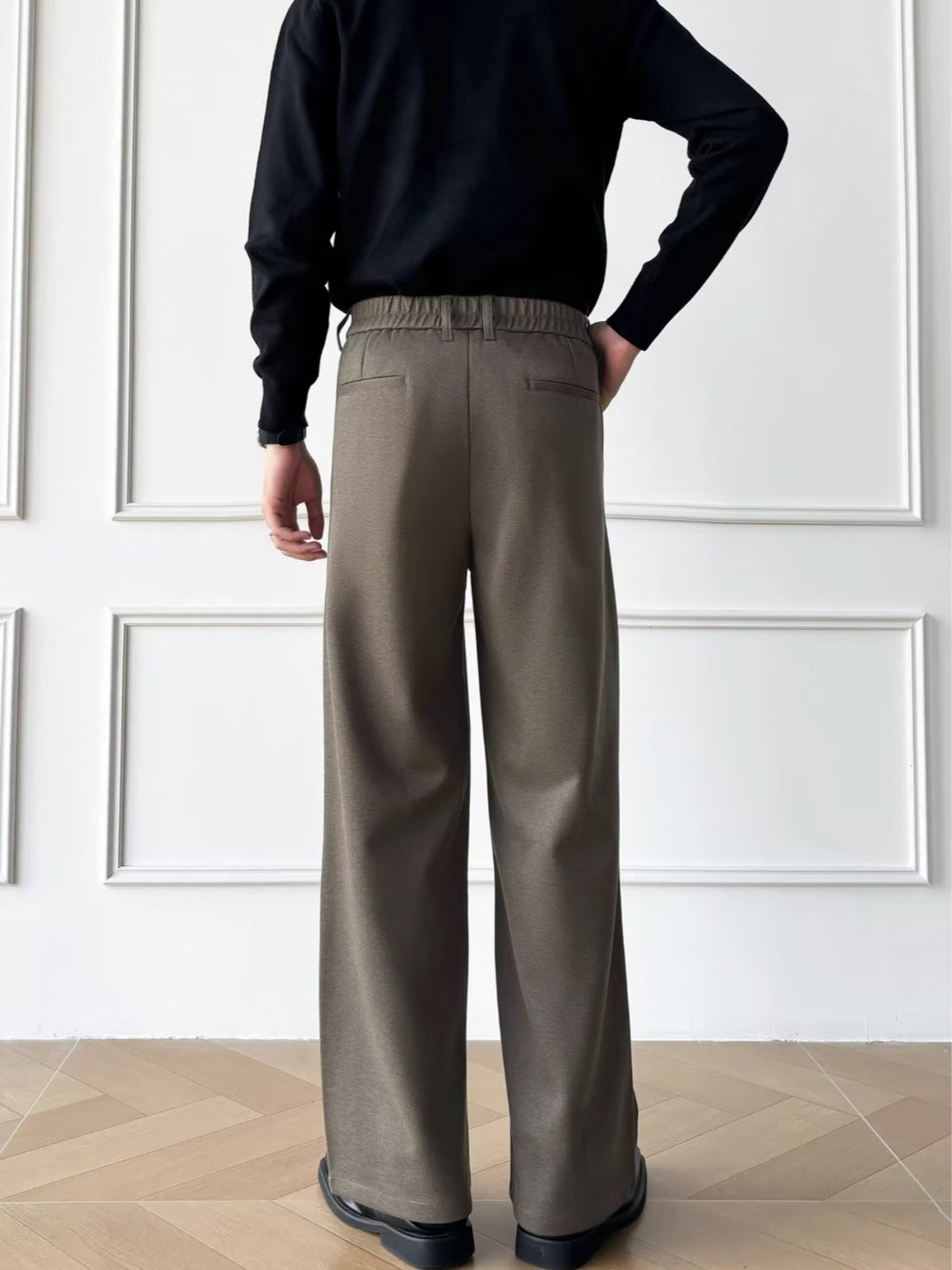 [WHOLESALE ONLY - CONTACT TO ORDER] Unisex Heavyweight 70% Cotton Double-Pleated Elastic Back Wide-Leg Drape Trousers (Ash Taupe / Charcoal Grey) [AW-371]