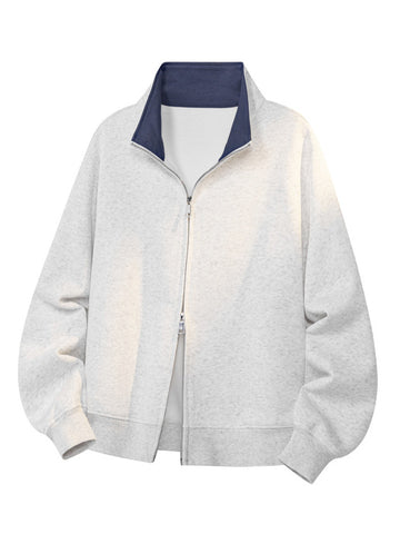 [WHOLESALE ONLY - CONTACT TO ORDER] Men's Heavyweight 75% Cotton Two-Way Zip Contrast Collar Fleece Jacket (Heather Oatmeal Grey) [AW-423]