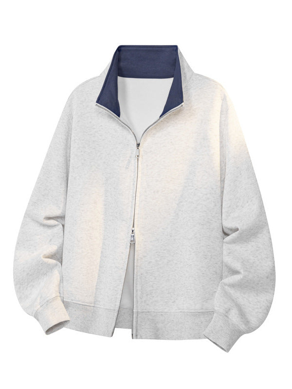 [WHOLESALE ONLY - CONTACT TO ORDER] Men's Heavyweight 75% Cotton Two-Way Zip Contrast Collar Fleece Jacket (Heather Oatmeal Grey) [AW-423]