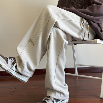 [WHOLESALE ONLY - CONTACT TO ORDER] Men's Waffle Textured Wide-Leg Baggy Sweatpants with Double Side Stripes & Drawstring (Cream White) [AW-149]