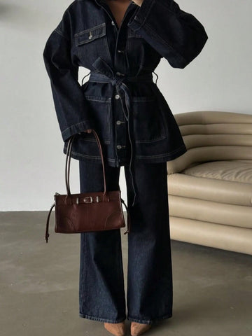 [WHOLESALE ONLY - CONTACT TO ORDER] Women's Heavyweight 100% Cotton Belted Denim Safari Utility Jacket with Wide Sleeves (Raw Indigo) [AW-459]