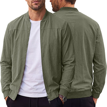 [WHOLESALE ONLY - CONTACT TO ORDER] Men's Lightweight Crinkle Washed Cotton Blend Baseball Collar Bomber Jacket with Ribbed Trim [AW-244]