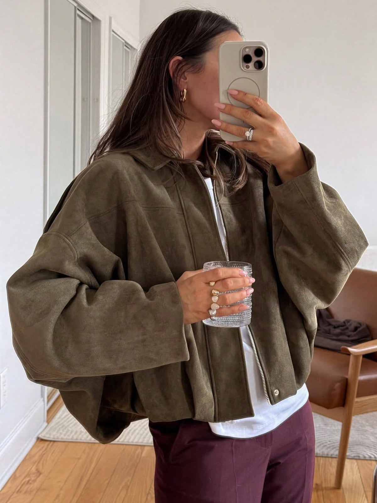 [WHOLESALE ONLY - CONTACT TO ORDER] Women's Oversized Cotton Blend Faux Suede Batwing Sleeve Cropped Jacket with Turn-Down Collar (Olive Green) [AW-450]