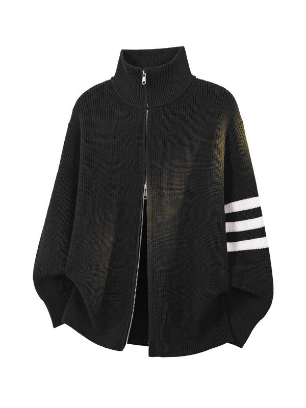 [WHOLESALE ONLY - CONTACT TO ORDER] Unisex Heavyweight 65% Cotton Ribbed Stand Collar Two-Way Zip Knit Cardigan with Sleeve Stripes (Black / White) [AW-376]