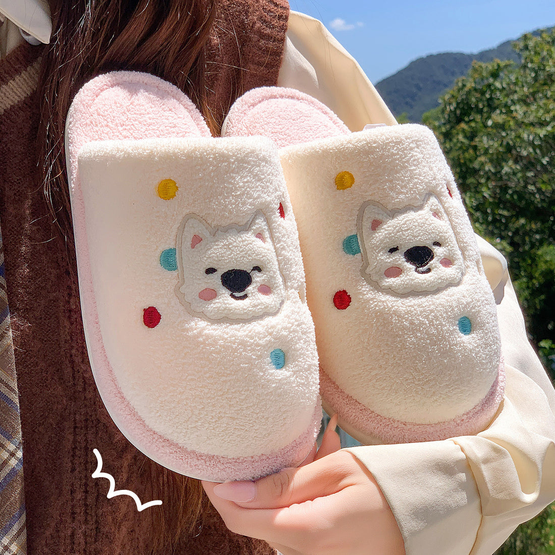 [WHOLESALE ONLY - CONTACT TO ORDER] Cute Embroidered Cartoon Puppy Polka Dot Plush Memory Foam Winter House Slippers (Pink / Blue) [FM-131]