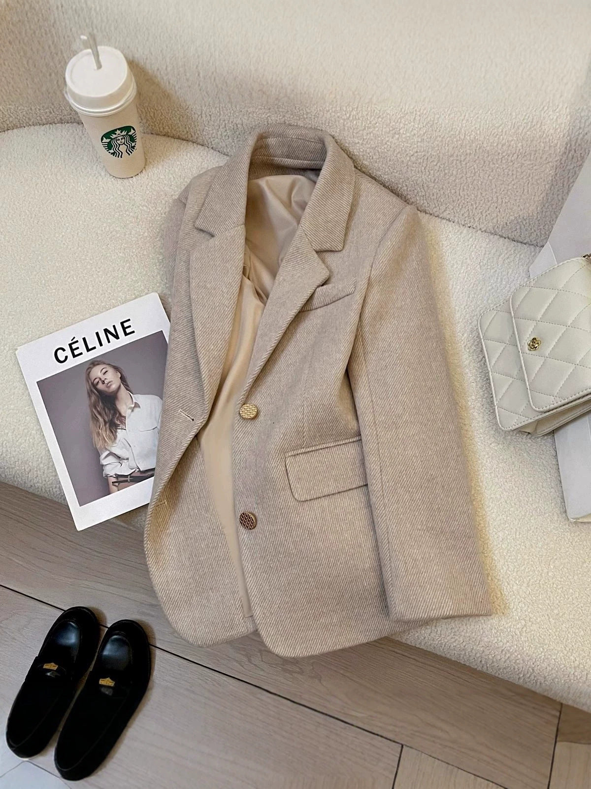 [WHOLESALE ONLY - CONTACT TO ORDER] Women's Korean Old Money Herringbone Tweed Wool Blend Tailored Blazer Jacket (Light Oatmeal Melange) [AW-318]